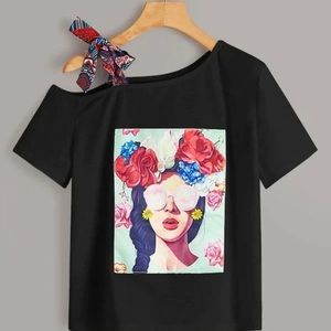 SHEIN Graphic Tie shoulder tee